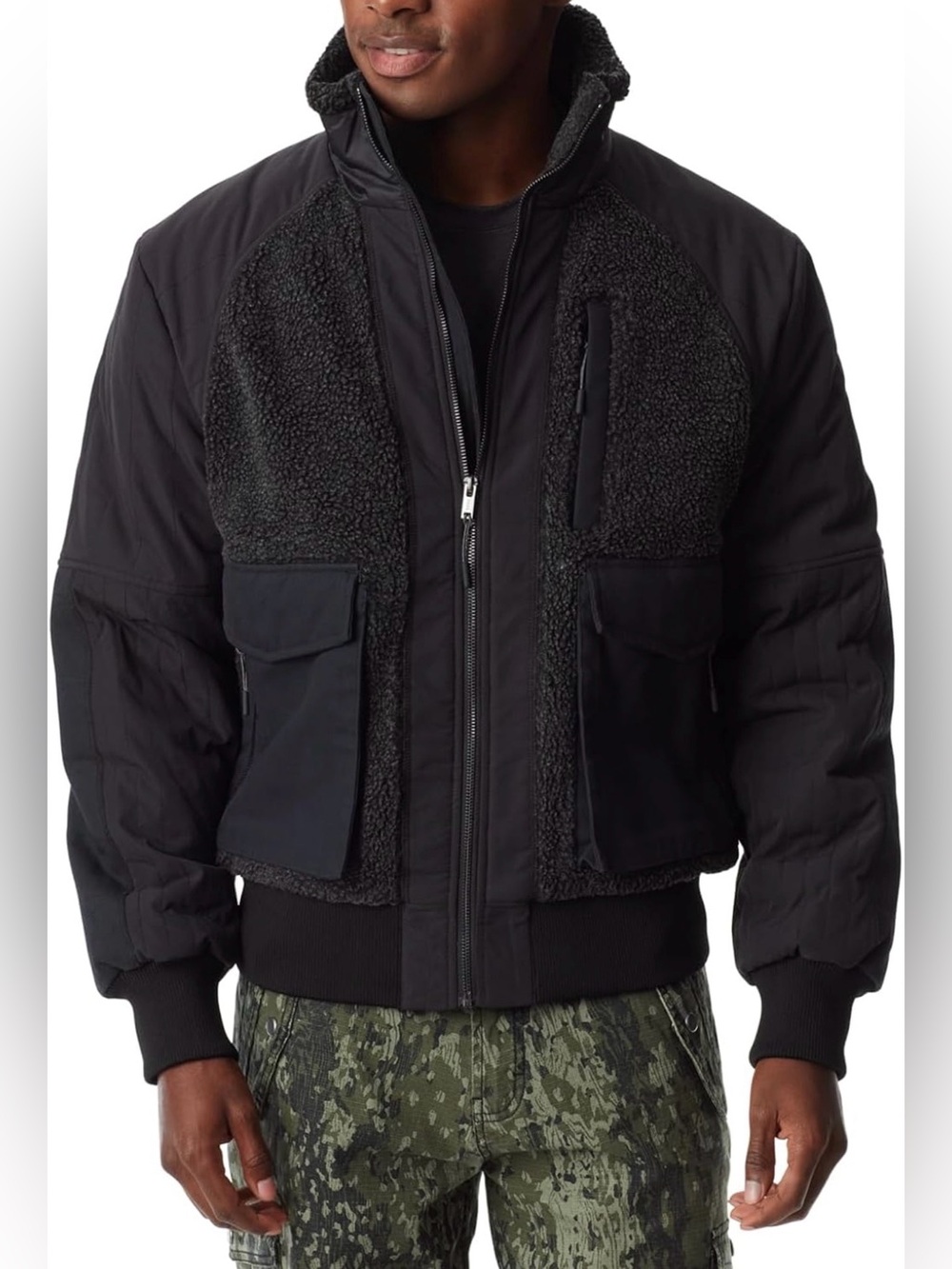 Bass Outdoor Men's Black Mixed-Media Full-Zip Bomber Jacket Coat Size M
